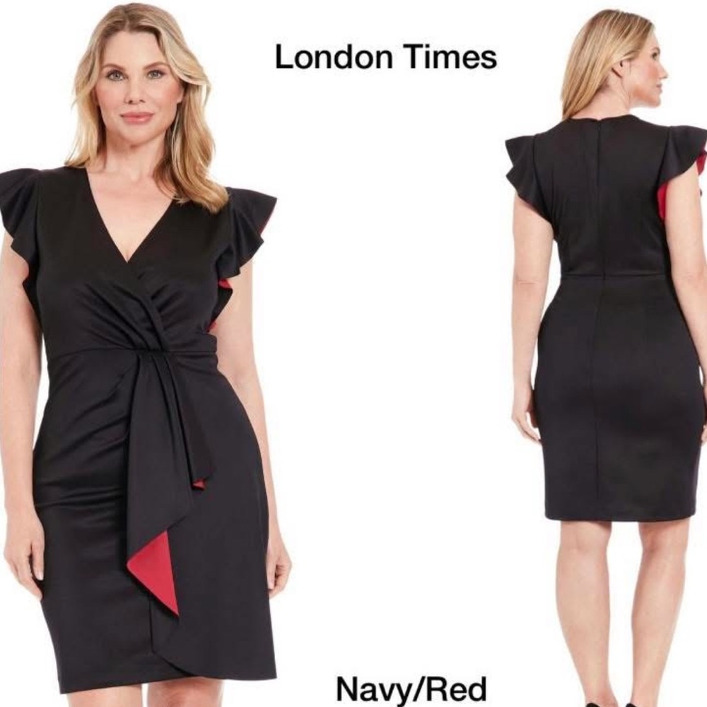 London times Navy Red Flutter Sleeve Faux Wrap Knee-Length Dress Sz 16